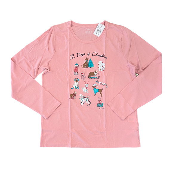 NWT J. Crew Women's Pink W/"12 dogs of Christmas" Graphic Tee - Picture 1 of 10